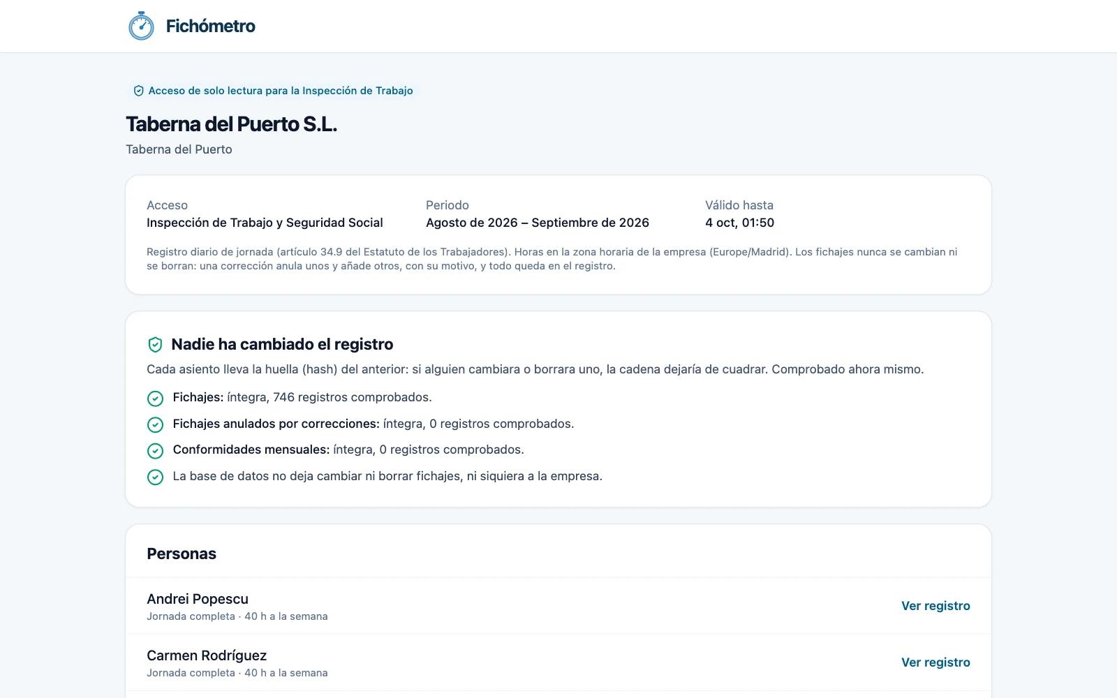 Modo Inspección: la empresa, el periodo y la validez del acceso, la comprobación de que nadie ha cambiado el registro y las personas incluidas