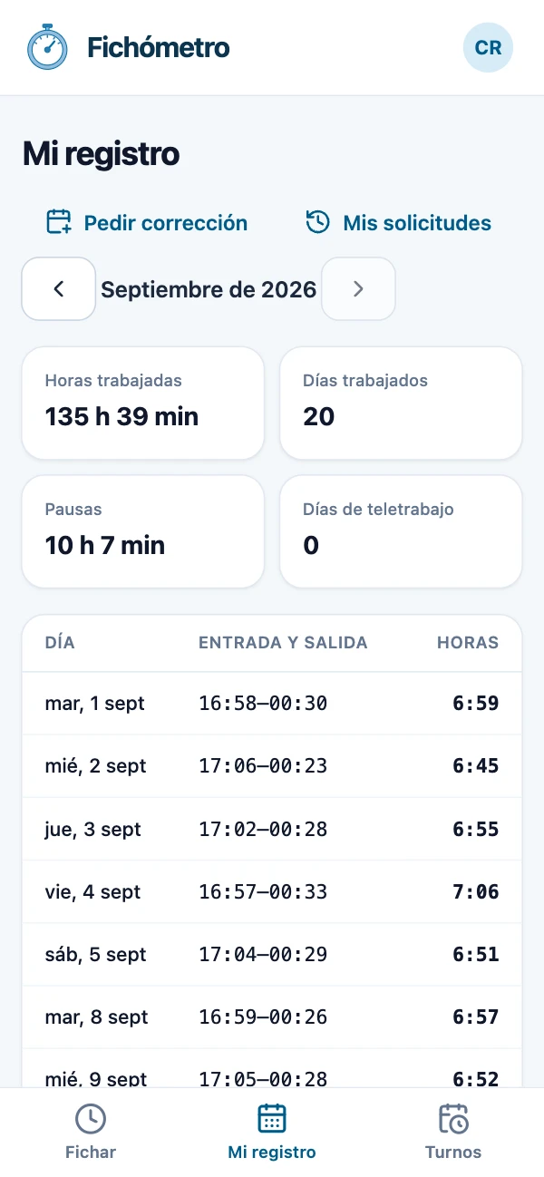 Mi registro: horas trabajadas, días, pausas y teletrabajo del mes, y cada día con su entrada, su salida y sus horas